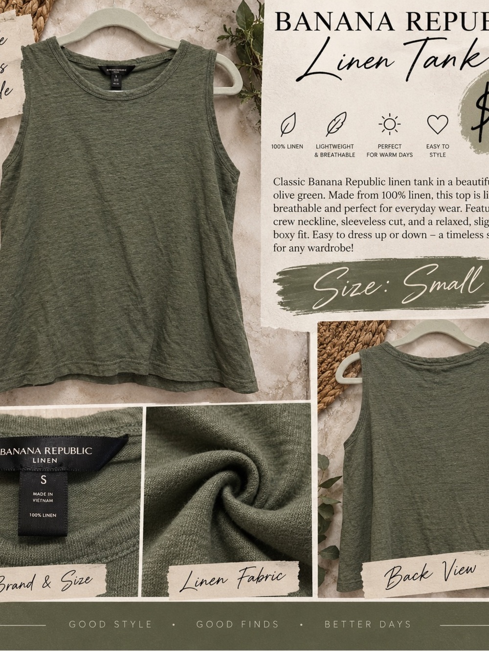 Banana Republic Olive Green Linen Sleeveless Tank